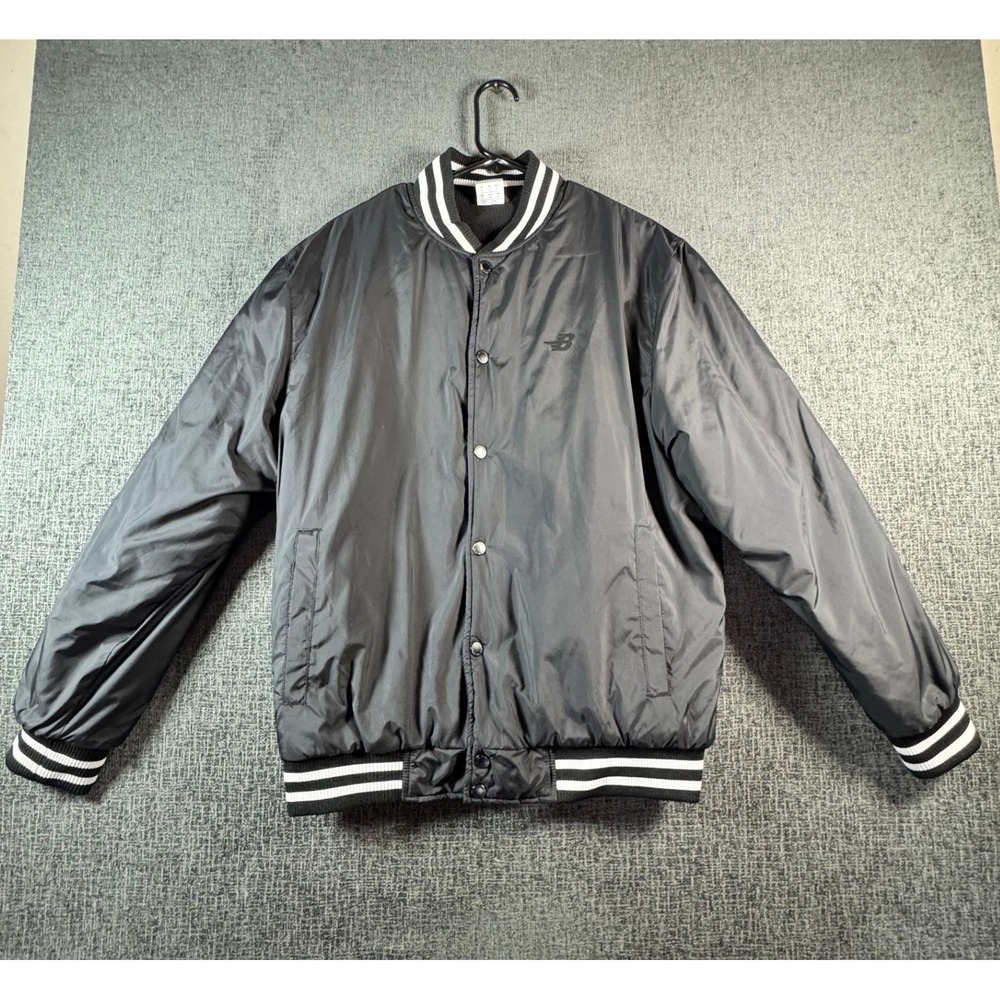 New Balance Mens Varsity Bomber Jacket Black Snap Front Striped Trim Small